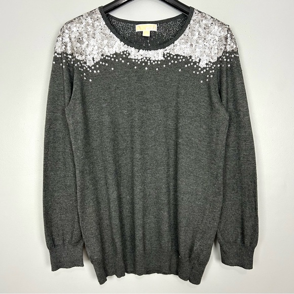 Michael Michael Kors Sequin Embellished Sweater Women’s Size L Angora Blend Gray - Picture 1 of 7